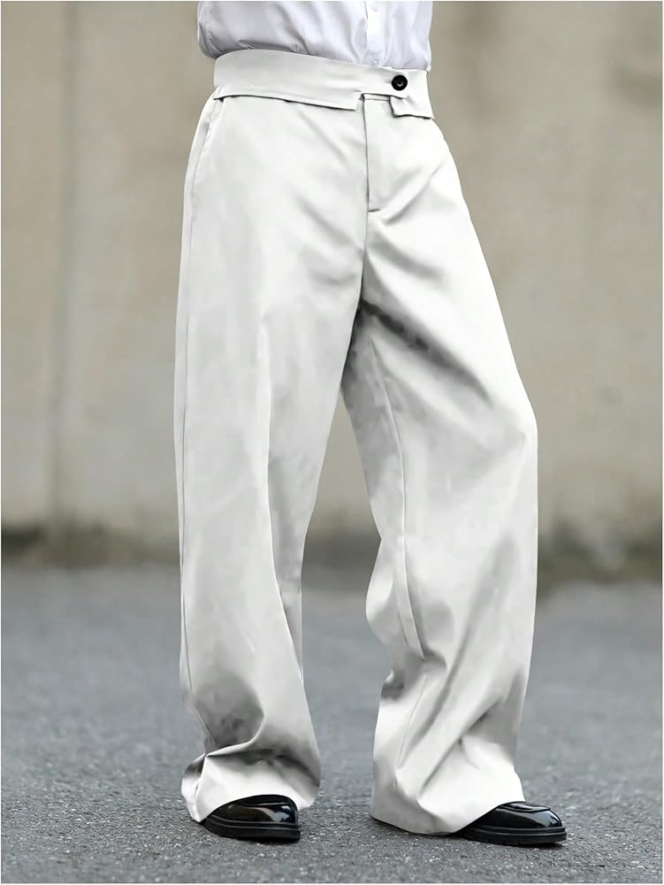 Verdusa Men's Wide Leg Work Dress Pants Button Long Trousers with